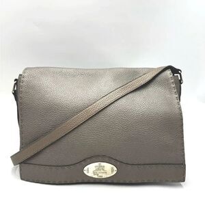 Auth Fendi Metallic Grey Beige Selleria Leather Anna Crossbody Messenger Bag